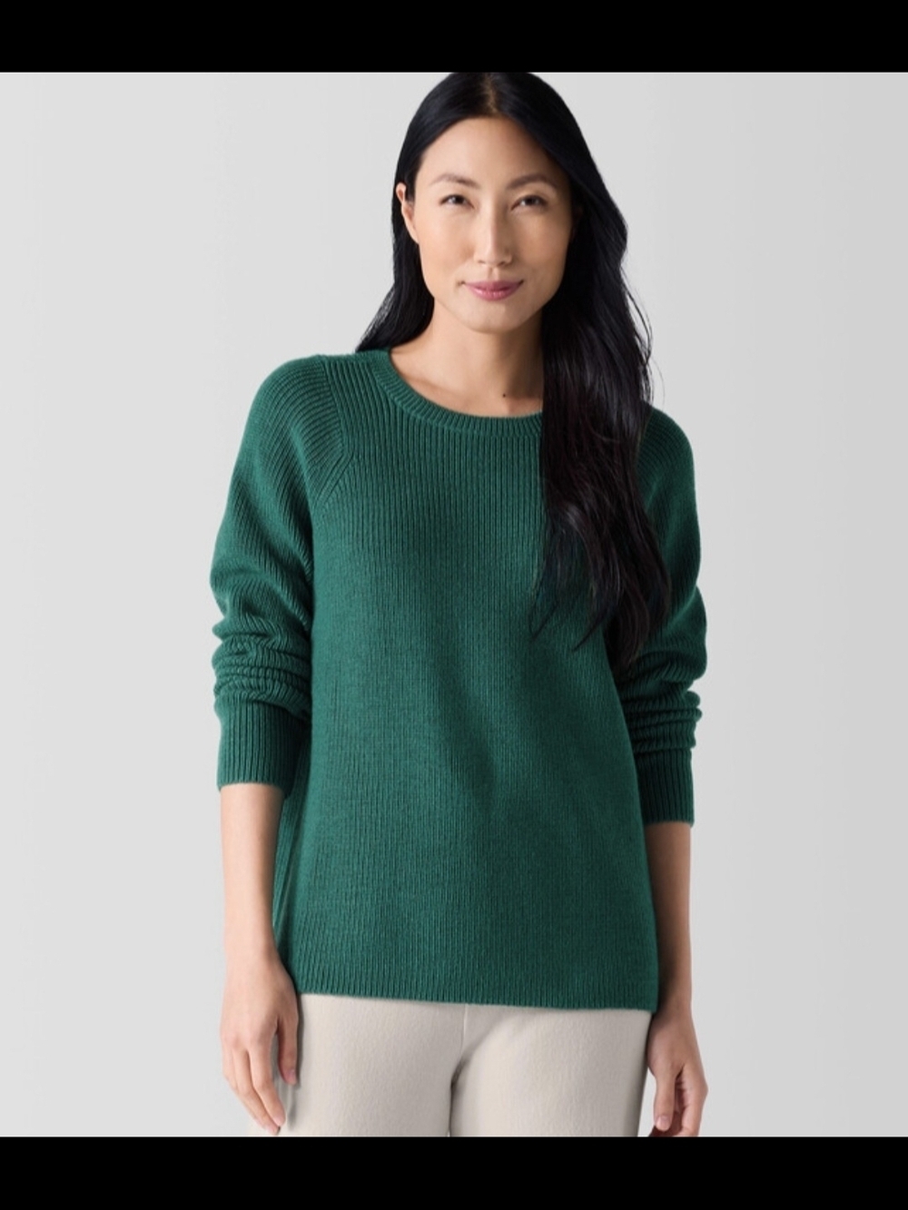 Eileen Fisher Forest Green Crewneck Ribbed Sweater - Picture 1 of 13
